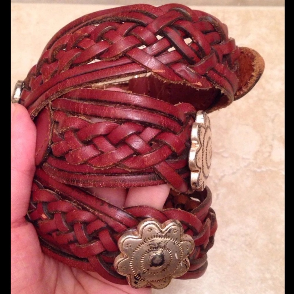 FOSSIL Brown Braided Leather Silver Tone Western Conchos Buckle Sz M Vintage